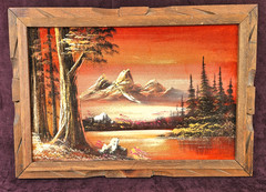 VTG 70s Velvet Painting Mountain Trees Water Landscape Hand Carved Wood Frame