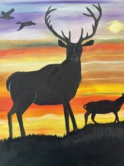 Original oil painting 11 x 14 inches buck deer in silhouette at sunset