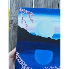 Sakura Moon Landscape Unbranded Original Handpainted Acrylic Canvas OS Blue Pink