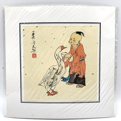 Chinese Watercolor Rice Paper Painting Signed Stamped Figural Boy Goose Animal