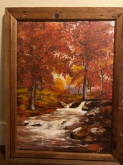 Vtg Impressionist painting oil canvas „Forest Interior with creek” signed illeg.