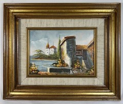Vintage Original Framed Gold Gilded Painting Mediterannean Villa & Harbor