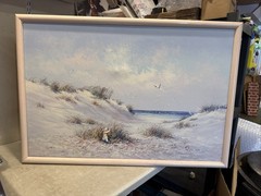 HUGE 38×27” Framed Landscape REAL Oil Painting Signed Child At Beach Ocean Sea