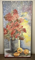Original Still Life Wall Art Painting Flowers Peaches Signed Jane 2000 24×12