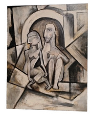 Large Cubism Cubist Mixed Media Painting On Board Man Woman Couple „Kiss“ 32X41