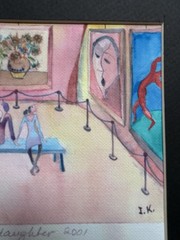 Whimsical Watercolor Painting“Self Portrait With Daughter” In Art Museum UNIQUE!