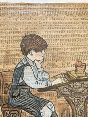Boy in Overalls Antique School Desk Bag Apple Newspaper Background VTG Painting