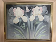 Iris & Butterfly Painting Oil On Canvas Signed Langley Original Art 11×13” MCM