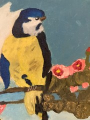 Pair Vtg Folk Art Oil Painting Naive 2 pictures American Birds Cherry Blossom