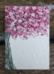 Original 5″x7″ Oil Painting Textured Pink & White Cherry Blossom Tree IMPASTO