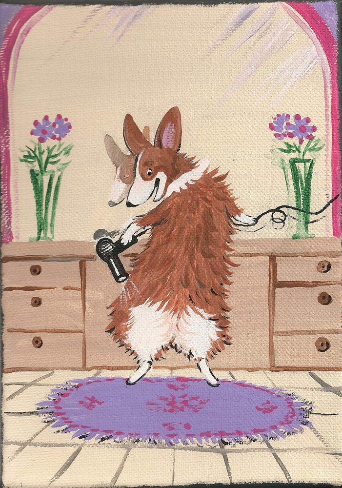 5×7 PRINT OF PAINTING FOLK ART PEMBROKE WELSH CORGI BATH FOLK ART WHIMSICAL DOG