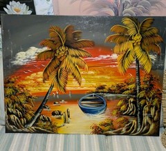 Vintage 29 X 36 Original Tropical Seascape Coastal Sunset Palm Tree Oil Painting