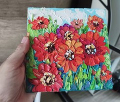 Zinnia Oil Painting Original Miniature  6×6 in Floral Impasto Signed  Art