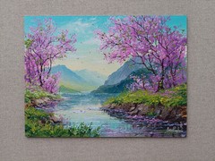 Spring Sakura Mountain Landscape Original Oil Painting. Pink Cherry Tree Art