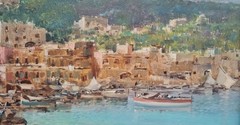 Landscape Painting Italy Naples Boats Amalfi Coast Architecture 20th