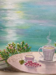 Art 24″/30″ Portofino Morning Coffe , stretched canvas, Original Oil Painting
