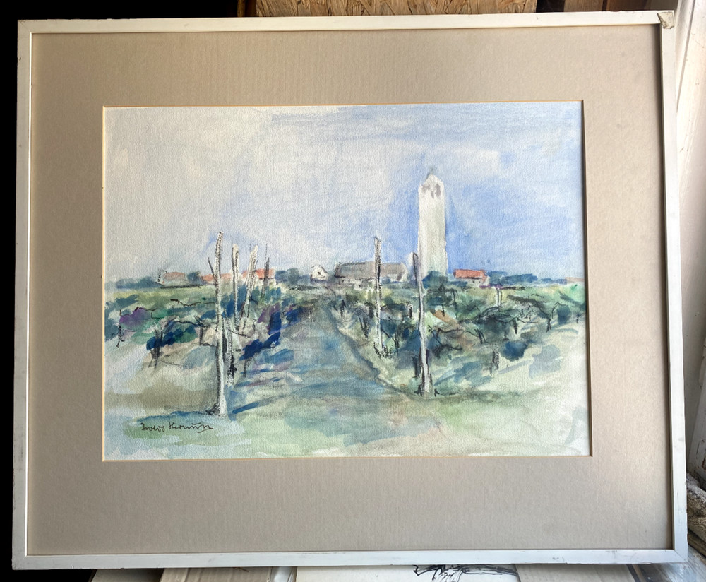 Aquarelle Circa 1950 Southern Landscape With Houses And Tower Unreadably Signed