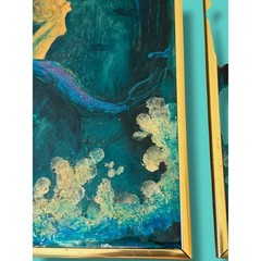 Vintage Set of Mermaid Mixed Media Paintings Framed Pair Coastal Mermaidcore Art