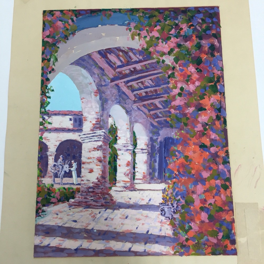 Original Painting Capistrano Mission By John W Bentley 9″ X 12″ Gouache On Paper