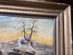 Large Antique „Winter Landscape With Figures Scene“ Oil Painting – Signed/Framed