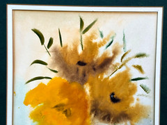VINTAGE WATERCOLOR PAINTING SIGNED MAXINE GOLDEN YELLOW ORANGE FLOWERS FLORAL