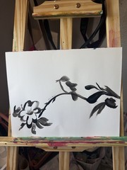 Original Acrylic Painting Monochrome Branch Bird 11×14 Paper Black White Signed