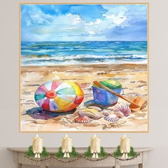 Watercolor Beach with Colorful Ball Blue Bucket Shells and Shovel on Sandy Shore