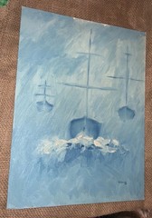 VTG ‘69 BOATS IN BLUE Canvas Panel 12”W 16”T Signed D Collins