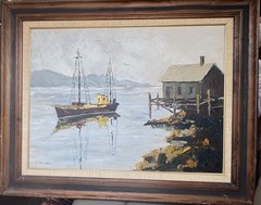 Vtg Oil Painting Maritime Ocean Boat Signed K.Reinbold 26”x16 Nautical Woodframe
