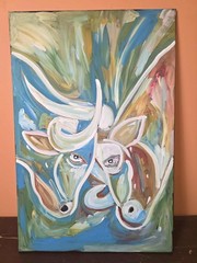 Original Leon Collins Texas Artist Painting VTG Folk Art Bulls Abstract Art Work