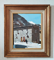 Snowfall in an Old Italian Village Winter Landscape Vintage Oil Painting signed