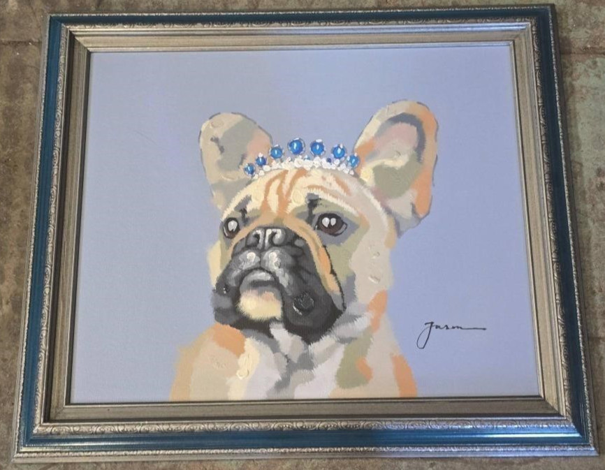 French Bulldog Portrait Painting Tiara Crown Signed Framed Oil on Canvas Dog Art