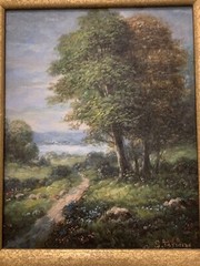 VTG Signed Summer Landscape Trees Lake Mtns Canvas Frame 20.5”T 18 3/8”W 3.75”D