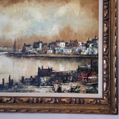 44×32 Original Oil Painting Signed Karoni seaside Bay Sea View Nautical Boat Bay