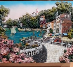 3D Embellished Ceramic Painting Canvas Coastal Portofino Framed 20×24″ Vintage