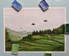 Original UFO Watercolor Painting 5×7, Sci-Fi Landscape Art, Flying Saucer