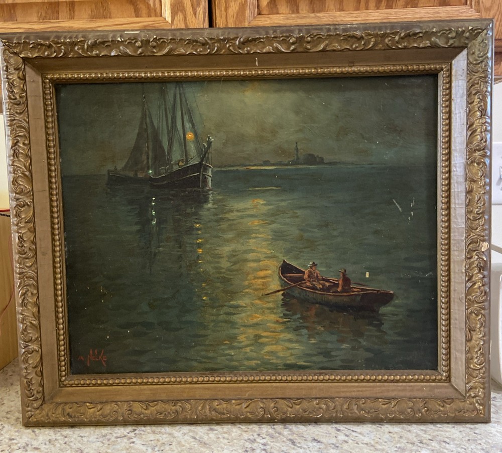 Vtg Framed Nautical Landscape Oil Painting Signed A Nelke 24×20.5 (16×20 Canvas)