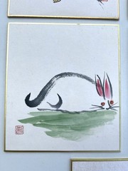 Vintage Japanese Hand Painted Shikishi Art Boards Zodiac Snake Rabbit Set 5