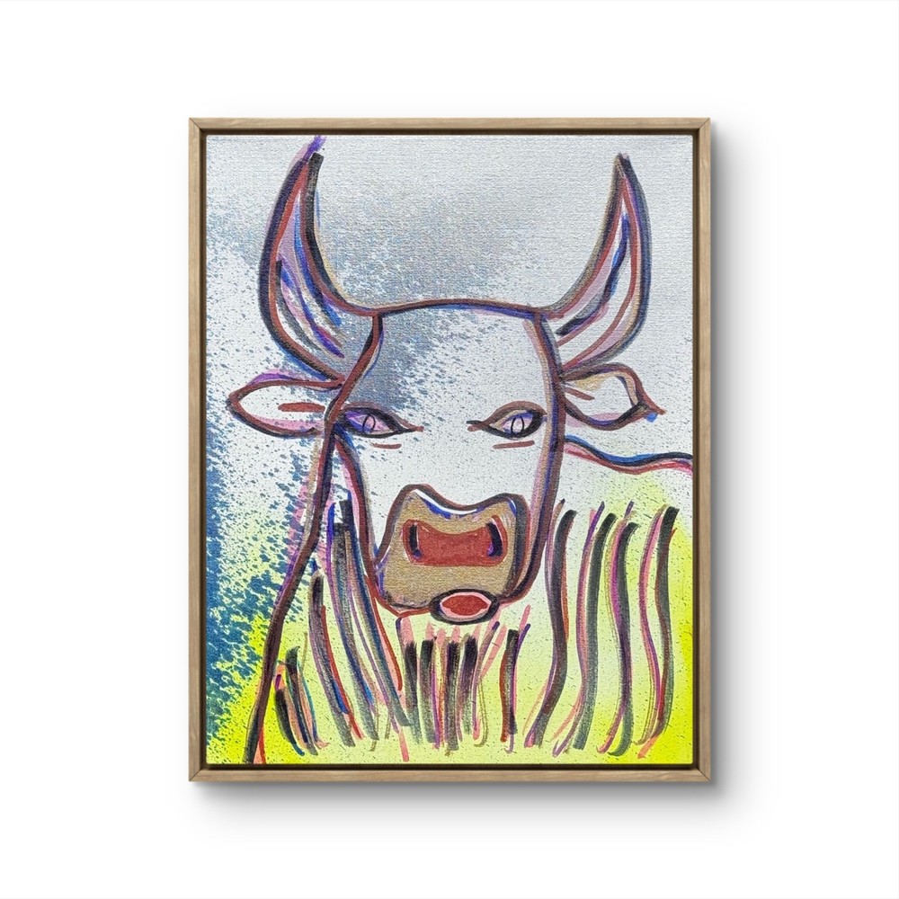 Original Signed Mixed Media Art Painting Line Drawing 11×14 OOAK Bull