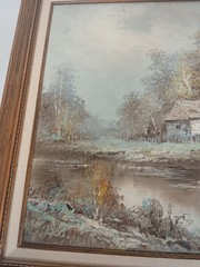 T. Azeen Signed original Oil On Canvas Framed 30″x27″ landscape house on stream
