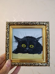 ORIGINAL Oil Painting Black cat Animals Pet Miniature Contemporary Wall art