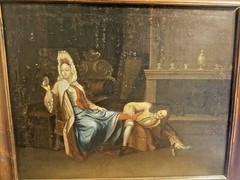FINE FRENCH NIAVE VOYERISTIC O/C PAINTING WOMAN MAN PEEPER FOOT ATTIC FOUND 1830