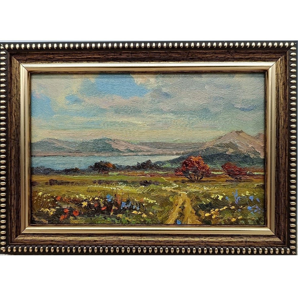 Mountain Lake Original Oil Painting 6×4 Framed Signed Wildflower Landscape Art