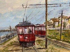 Wilfrid Taylor Mills Oil Painting “Newport” Pacific Electric Red Car Signed