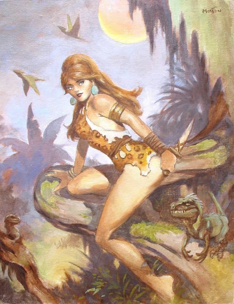 ORIGINAL DAN MORTON PAINTING CAVEWOMAN RAPTOR JUNGLE GIRL WOMAN COMIC PIN UP ART