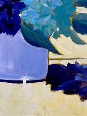 Acrylic Still Life Hydrangeas Lilacs Blue Purple Green Yellow Bold Serene Calm