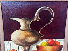 K HANLO HOLLAND SIGNED OIL PAINTING STILL LIFE SILVER VASE WITH ASSORTED FRUITS