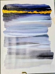 Abstract Painting on Paper/Canvas Board Blue Gray Gold Horizontal Band