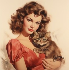 Watercolor Woman And Kitten Art Print Circa 1950s 8.5×11 INCLUDES 11X14 Matt