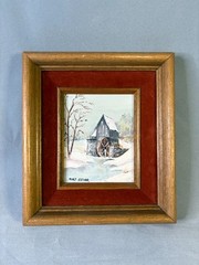 Miniature Winter Mill Oil Painting M. Escher Landscape Original Art Velvet Frame